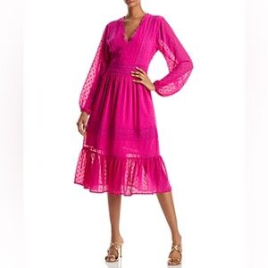 AQUA Swiss Dot HOT PINK V-neck Long Sleeve Midi Dress 
Size SMALL